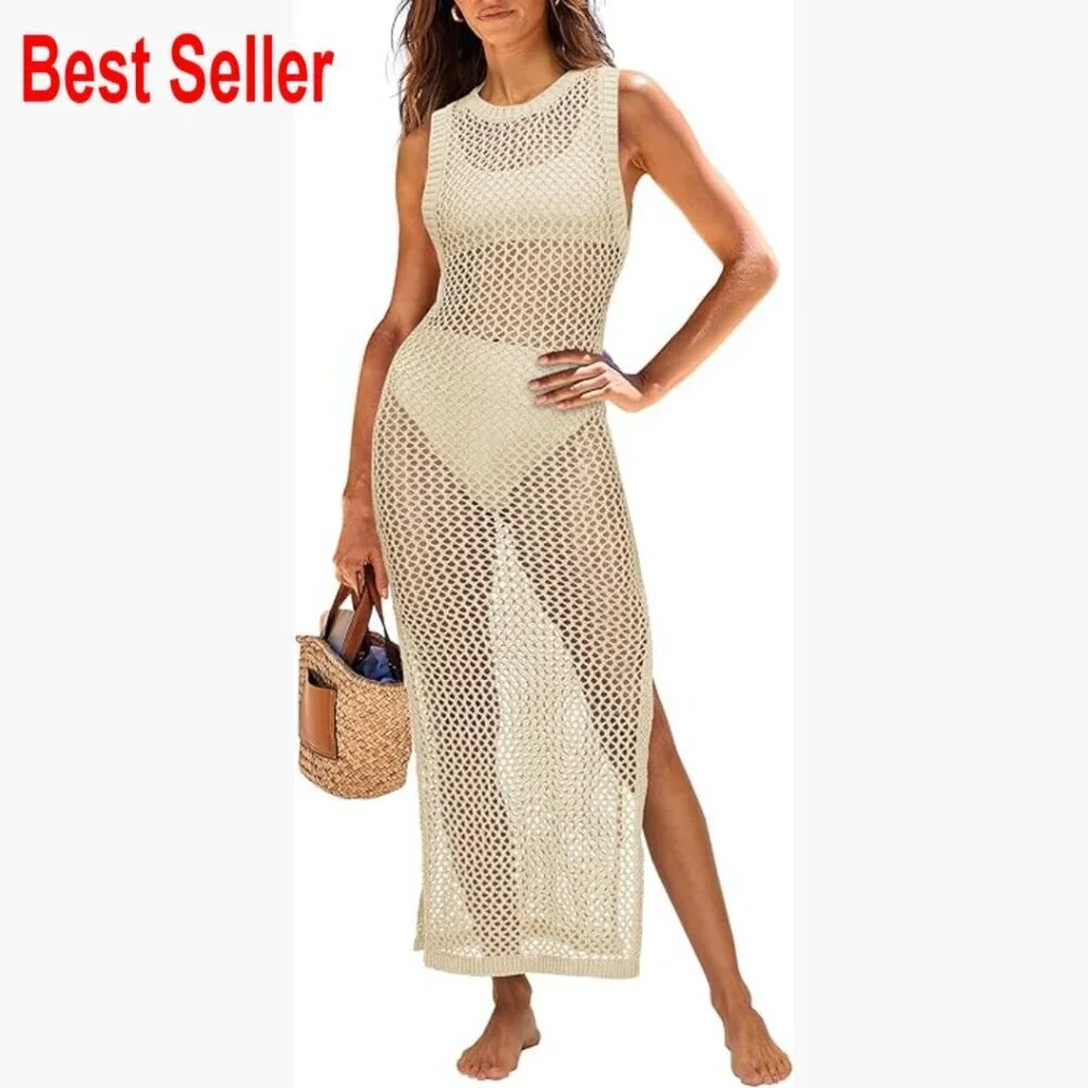 Sleeveless Hollow Knit Crochet Beach Dress Coverup